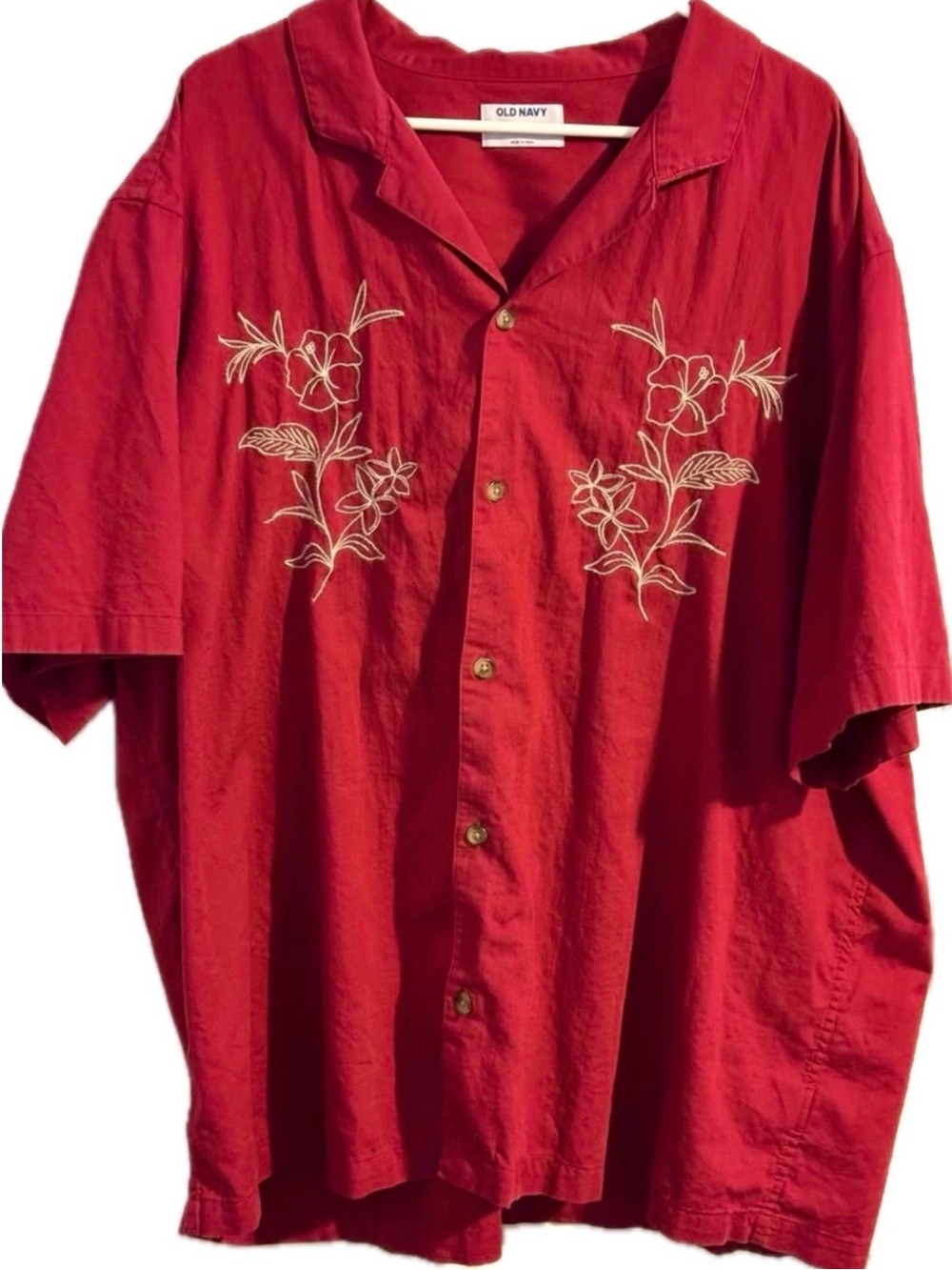 Old Navy Men's XXXL Red Floral/Tropical Embroidered Short Sleeve Camp Shirt